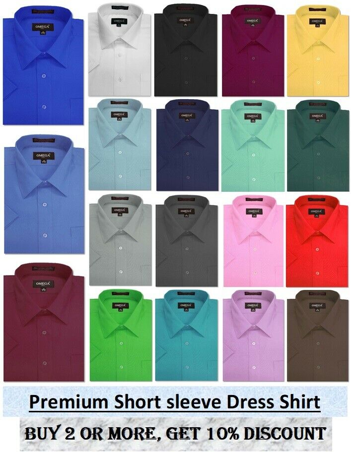 Mens Solid Short Sleeve Premium Regular Fit Dress Shirts, 26 Colors, Size S~5xl