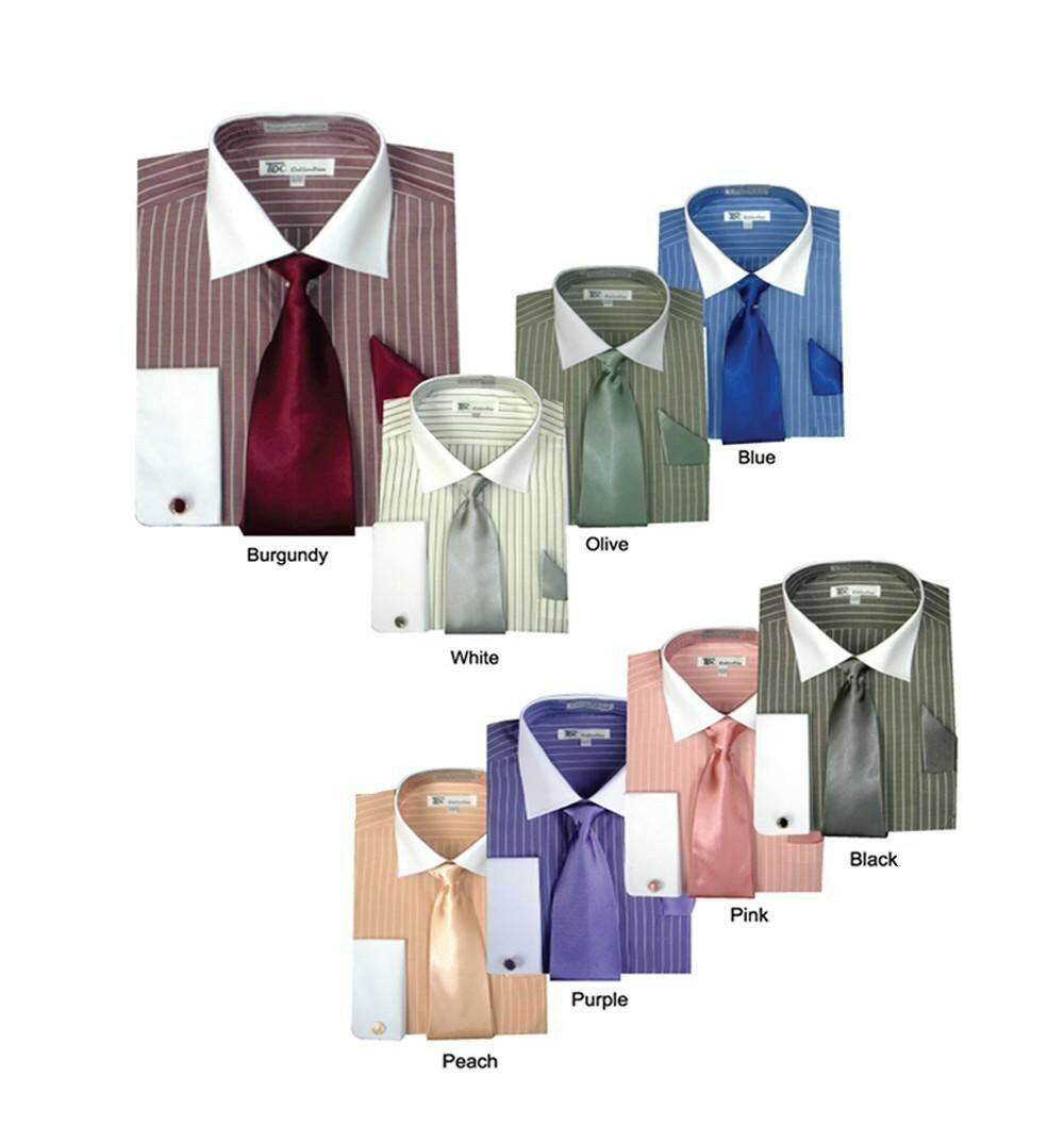 Men's Striped Formal Casual Dress Shirt With French Cuff Links,tie And Hanky