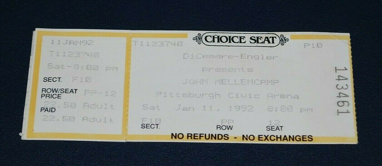 1992 John Cougar Mellencamp Concert Ticket Stub. Pittsburgh Civic Arena Pa