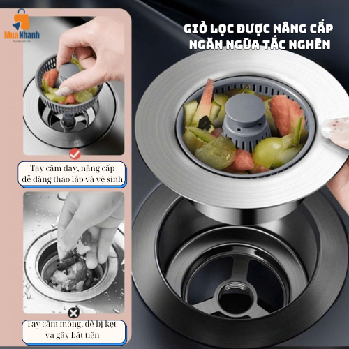 Lưới lọc rác ngăn mùi bồn rửa chén lõi nhấn, phụ kiện thoát nước bồn rửa chén